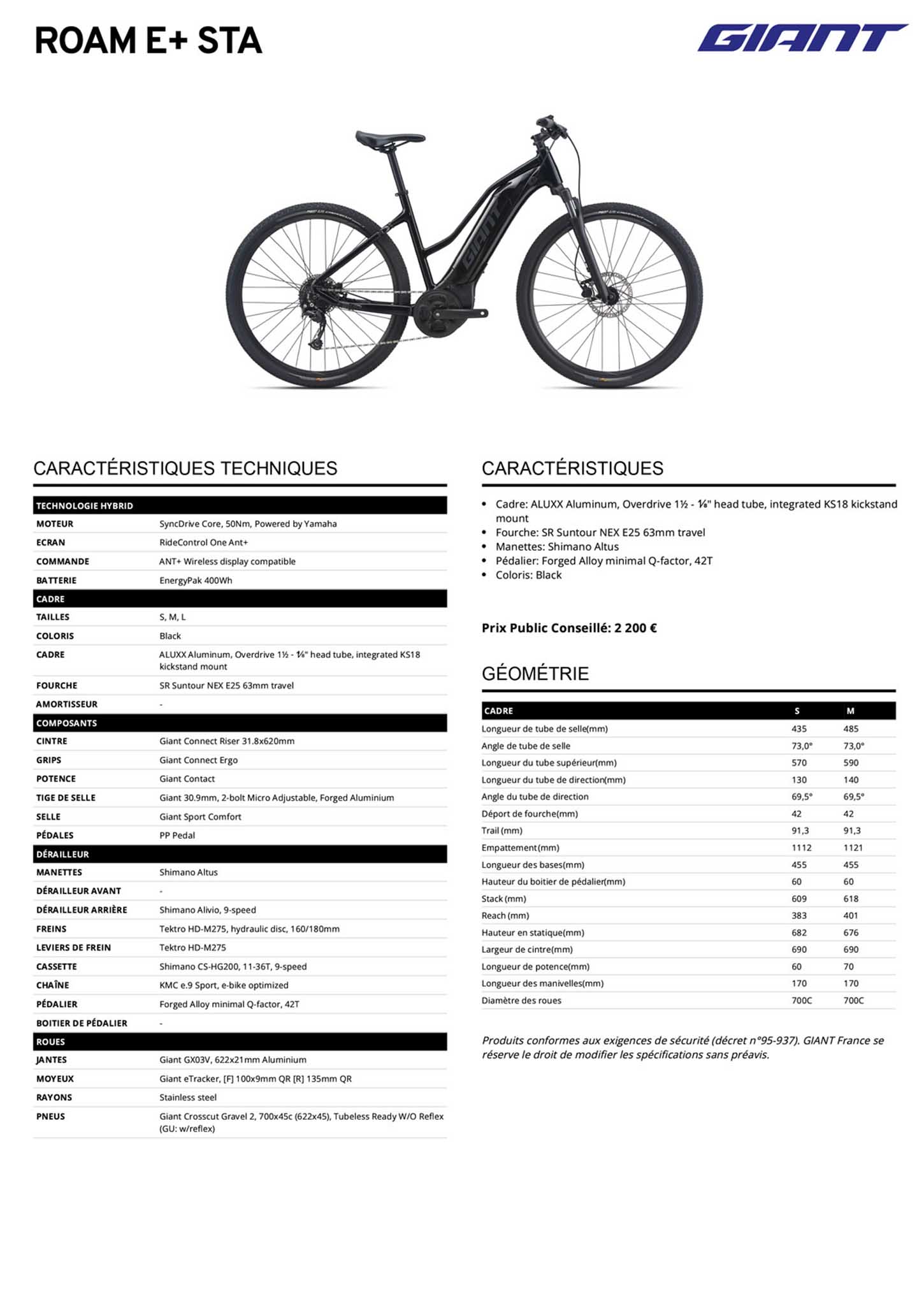 Fiche technique du velo Roam E+ STA